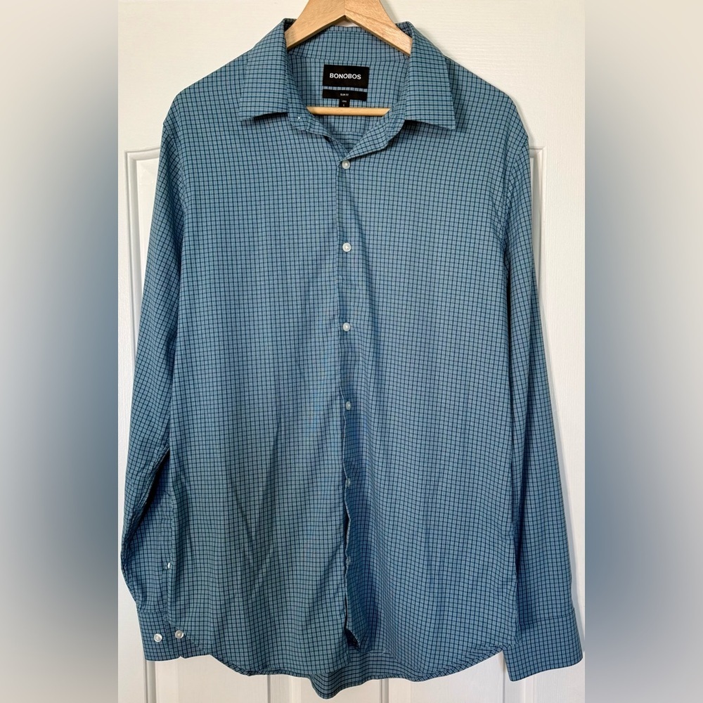 ✨ Bonobos Slim Fit Long Sleeve Shirt 🩵 Grid Check | Size L (Long)